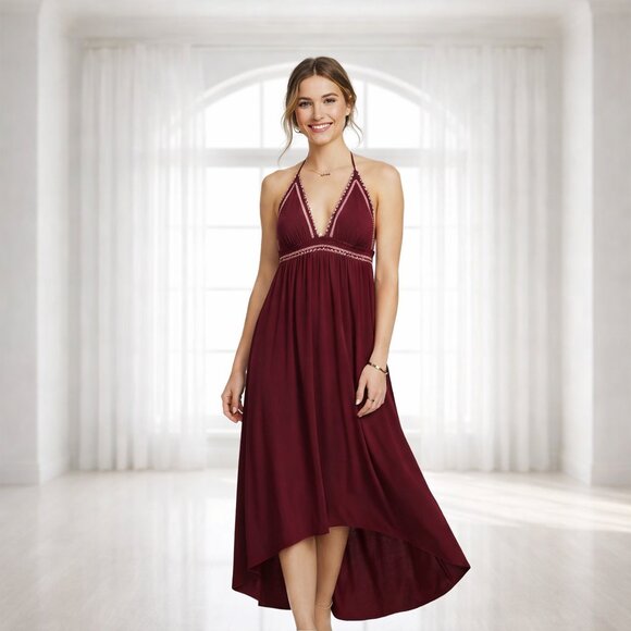 Express Dresses & Skirts - Express Burgundy Halter Maxi Dress with Pink Trim | Size Medium